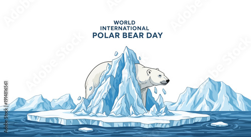 Illustration of a polar bear on an iceberg in the Arctic sea ice on World International Polar Bear Day with a vector icon style.
