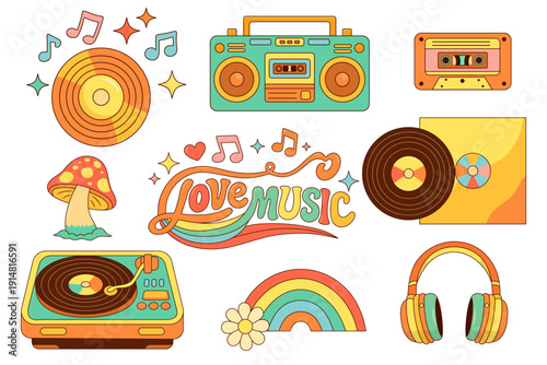 Retro groovy music collection with vinyl, boombox, cassette, headphones, mushroom and rainbow in 70s hippie style