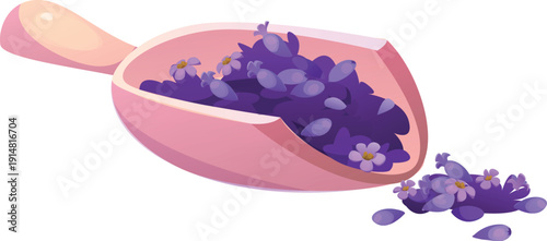 Wooden scoop filled with dried lavender buds and small violet flowers with delicate purple tiny blossoms. Herbal tea, medicine, cosmetic or aromatherapy lavender product