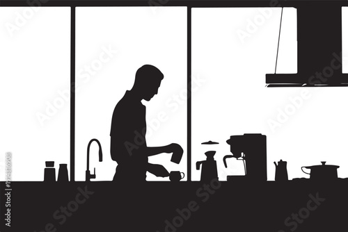 Silhouette of person making coffee in kitchen at night