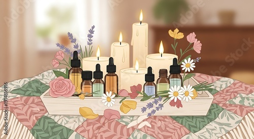 Aromatic candles and essential oil bottles on a decorative tray illustration
