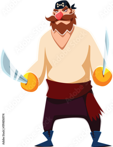 Cartoon pirate vector character. Corsair fighter with thick brown beard and black bandana holds two shiny curved sabers, ready for battle. Angry pirate personage with red nose for party