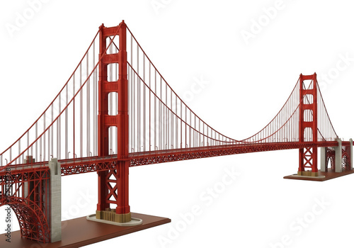 Golden gate bridge model on transparent background with iconic red towers and cables