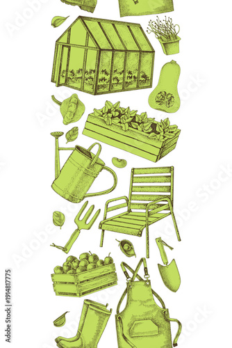 Gardening vector seamless border with hand drawn elements