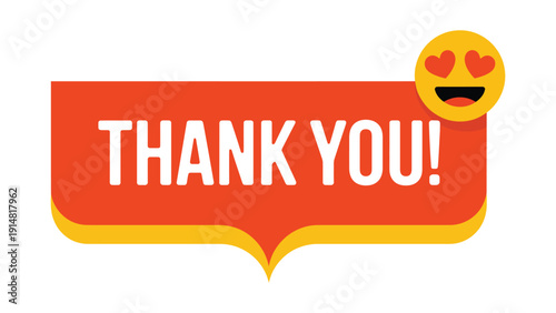  thank you text on orange speech banner with heart eyes emoji icon expressing gratitude appreciation and cheerful message isolated on white background