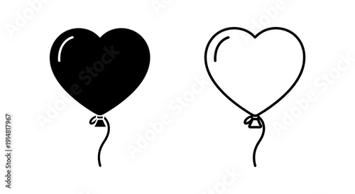 Two heart balloons, one black and one white, floating side by side, simple line art Vector