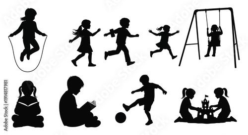 A playful collection of children enjoying outdoor activities in a black silhouette on transparent background high quality professional detailed modern elegant