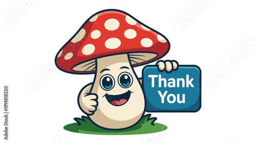 cute cartoon mushroom character holding thank you sign colorful mascot illustration expressing gratitude appreciation and friendly message isolated on white background 