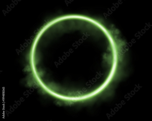Green magic glowing ring with smoke. Neon realistic energy flare halo ring. Abstract light effect on a black background. Vector illustration.
