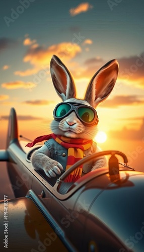 Wallpaper Mural Bunny in aviator goggles and scarf pilots a vintage biplane at sunset,  scarf,  sky Torontodigital.ca