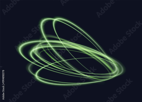 Glowing magic rings. Neon realistic energy swirl. Abstract light effect on a dark transparent background. Vector illustration.