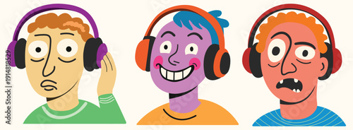 set of cartoon character, ,man person with headphone , diverse emotion , listen to music , mental health therapy 