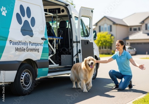 A professionally equipped van for mobile dog grooming, with a clean dog stepping out, happy owner waiting.