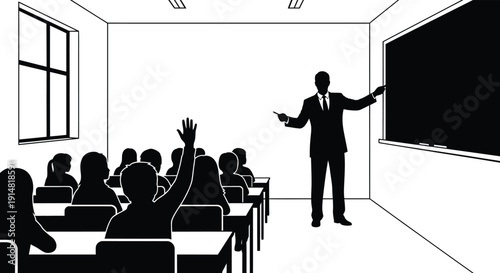A classroom scene with a teacher lecturing and students raising hands depicted in black and white silhouette on transparent background