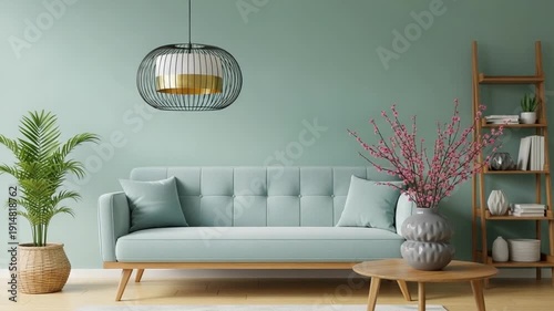 Scandinavian living room interior with light gray tufted sofa, aqua wall, black rattan pendant lamp, wood ladder shelf, potted palm and coral branches in ceramic vase