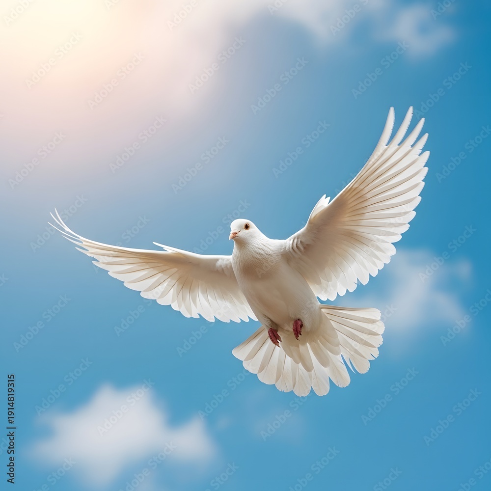 Obraz premium White Dove Flying Freely in Bright Blue Sky with Sun Rays, Peace and Hope Symbolism