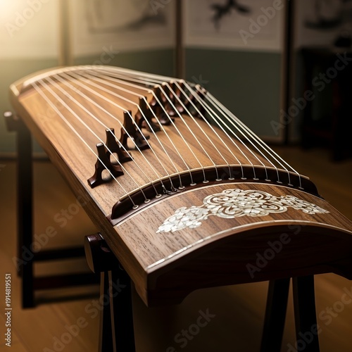 Traditional Chinese guzheng zither instrument on wooden stand with floral carvings in elegant room
