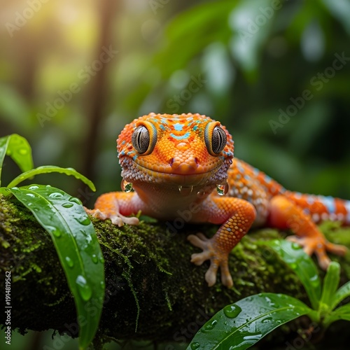 Close-up orange red spotted salamander lizard resting on mossy green forest log in natural sunlight