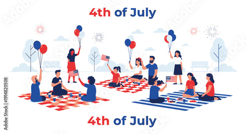 Vector illustration of people celebrating 4th of July with balloons and American flags on picnic blankets