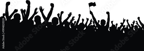 Crowd of people silhouettes with raised hands and flags at a concert or protest, celebratory group cheering, isolated vector illustration.