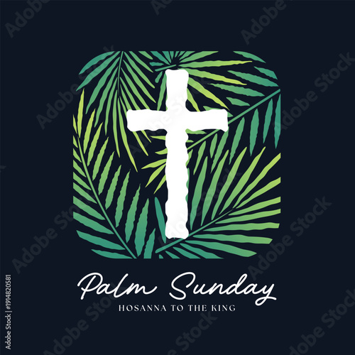 Palm sunday - Abstract white cross sign on rounded square shape with abstract green palm leaves texture vector design