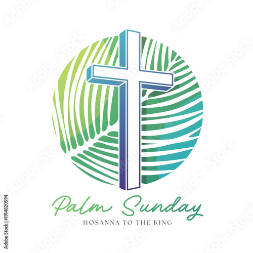 Palm sunday - 3D christian cross sign on circle shape with abstract green palm leaves texture vector design
