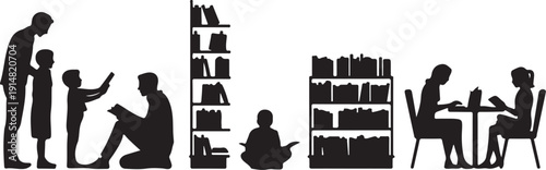 Silhouettes of people reading books in a library setting 1