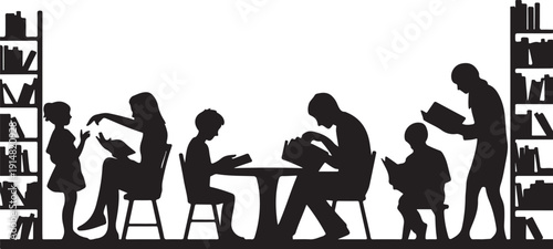 Silhouettes of people reading books in a library setting