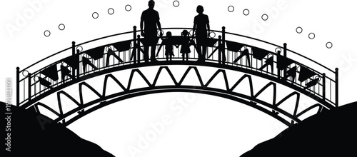 Family silhouette standing on an ornate arched bridge at night under a starry sky, parents and children together, vector illustration.