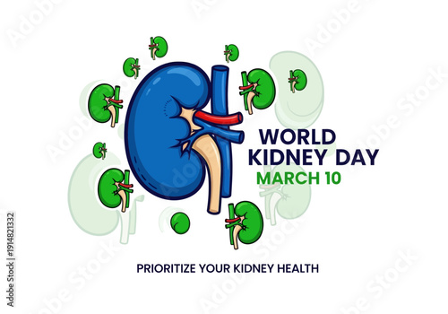 World kidney day poster with blue kidney and green illustrations