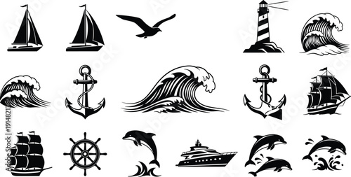 Nautical vector icon set with sailboats, anchors, dolphins, lighthouse and ocean waves, maritime adventure symbols, black and white sea elements.