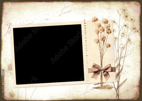 Nostalgic scrapbooking banner with moodboard pictures album grid for scrapbooking. Retro background with paper texture, dry pressed leaves, flowers and frame photo. Vintage style mood board layout