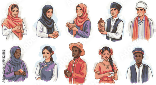 Diverse Cultural Portrait Set featuring Hand Drawn Illustrations of Men and Women in Traditional Religious and Ethnic Attire for Global Unity and Inclusion Concepts