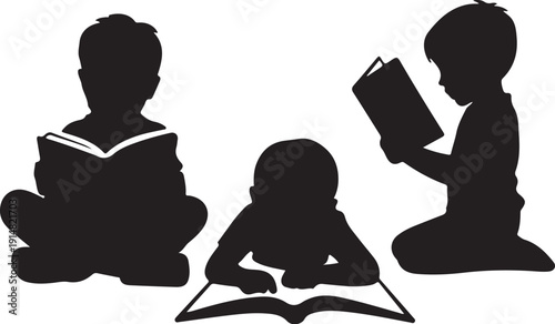 Three Children Reading Books Silhouette black