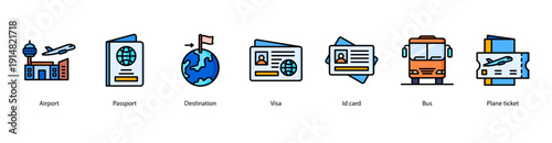Immigration and Travel Essentials web banner vector illustration featuring Airport, Passport, Destination, Visa, ID card, Bus, and Plane ticket.