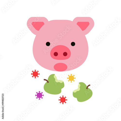 Vector illustration showing a pig eating fruit contaminated by a bat carrying Nipah virus, representing zoonotic disease transmission from wildlife to livestock and public health risk concept.