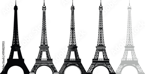 Set of Eiffel Tower silhouettes and detailed vector illustrations in various grey tones, Paris France landmark icons for travel design.