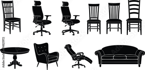 Set of furniture silhouettes including chairs, office seats, sofa, and round table, home and office interior design icons, vector illustration.