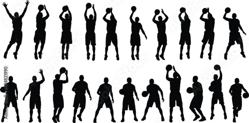 Basketball player silhouettes set showing jumping, shooting, dribbling and defense poses, dynamic male athlete action collection isolated on white background for sports design