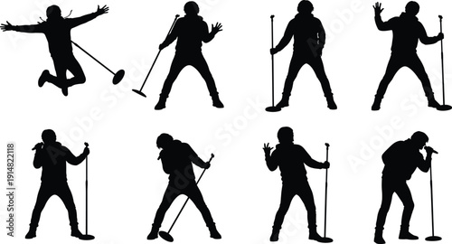 Set of male singer silhouettes performing with microphone on stand, rock star musician poses, vocal artist concert vector illustration, isolated.