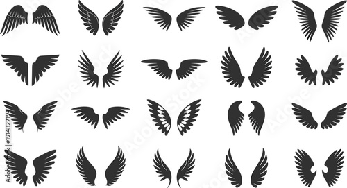 Collection of twenty black wing silhouette designs in diverse styles, symbolizing freedom, flight, spirituality, fantasy art, tattoo inspiration, and decorative graphic illustration