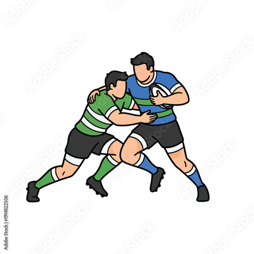 Two Rugby Players Tackling with Ball.