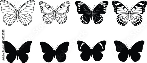 Butterfly silhouette and outline illustration set showing various wing shapes and patterns isolated on white background for nature design decoration and creative projects