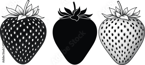 Set of strawberry vector illustrations, detailed fruit with seeds and leaves, black and white berry icons for food design projects.
