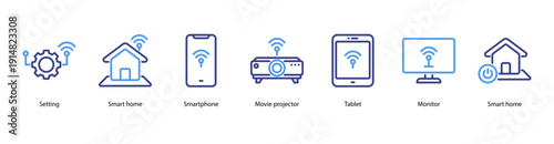 Smart Living Devices web banner illustration featuring Setting, Smart Home, Smartphone, Movie Projector, Tablet, Monitor, and Smart Home.