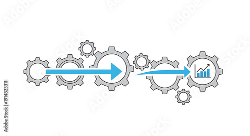 Vector illustration of interlocking gears with blue arrows indicating process and growth