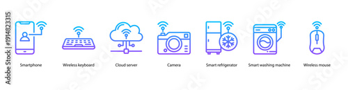 Connected Household web banner illustration featuring Smartphone, Wireless Keyboard, Cloud Server, Camera, Smart Refrigerator, Smart Washing Machine, and Wireless Mouse.