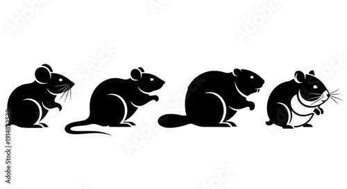 Illustration of four mice in various poses on a plain white background from a straightforward viewpoint