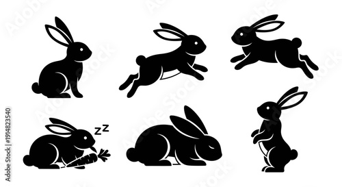 Collection of black rabbits in various poses and actions on a clean background viewed from the side
