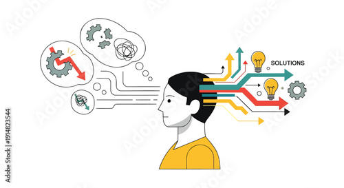 Vector illustration of a man's head with colorful creative ideas and solutions flowing out of it